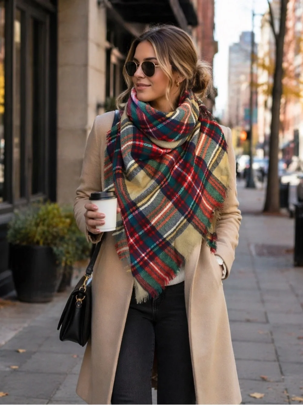 Boutique 100% Acrylic Women's Red Green Tan Plaid Blanket Scarf Wrap Onesize